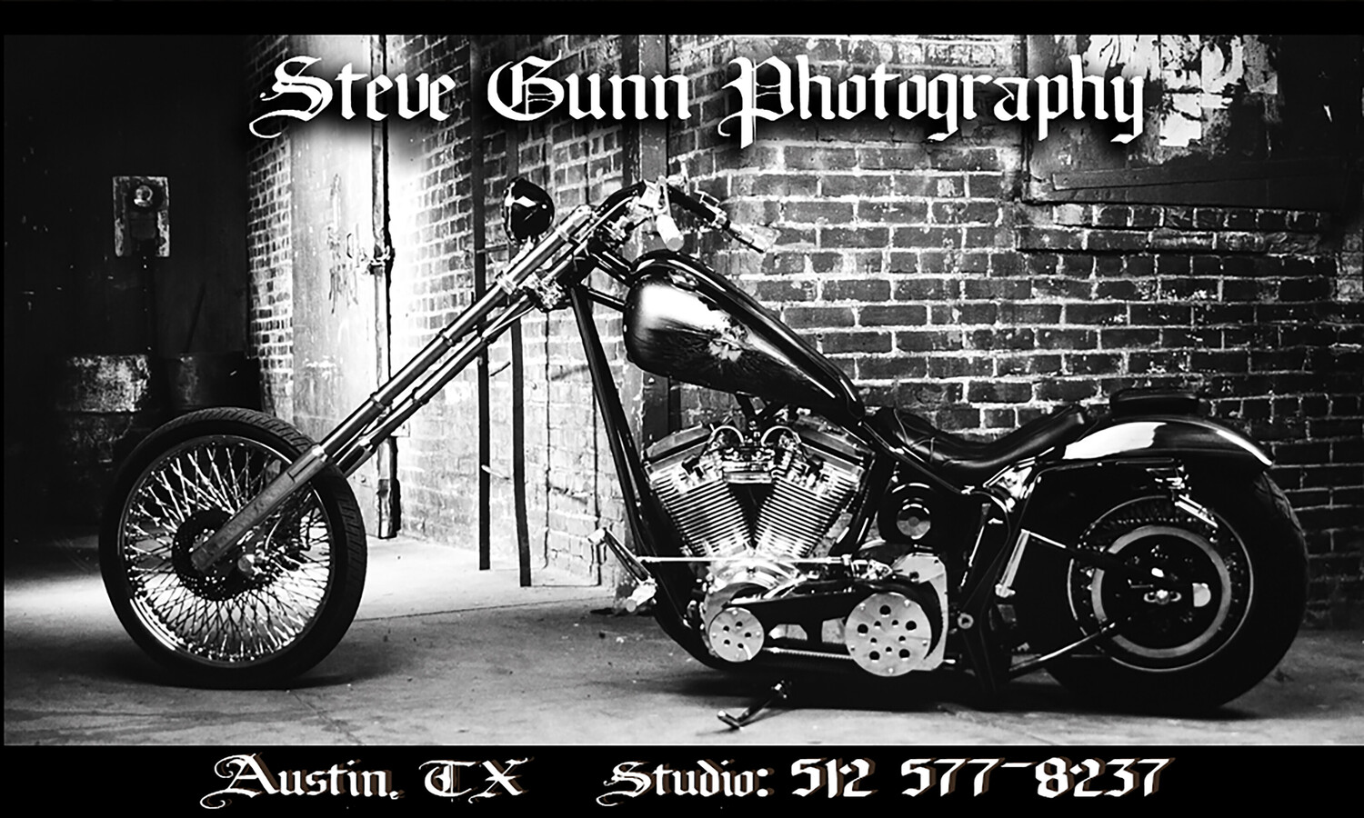 Black and white promotional card for Steve Gunn Photography showing a custom chopper motorcycle beside a brick wall.