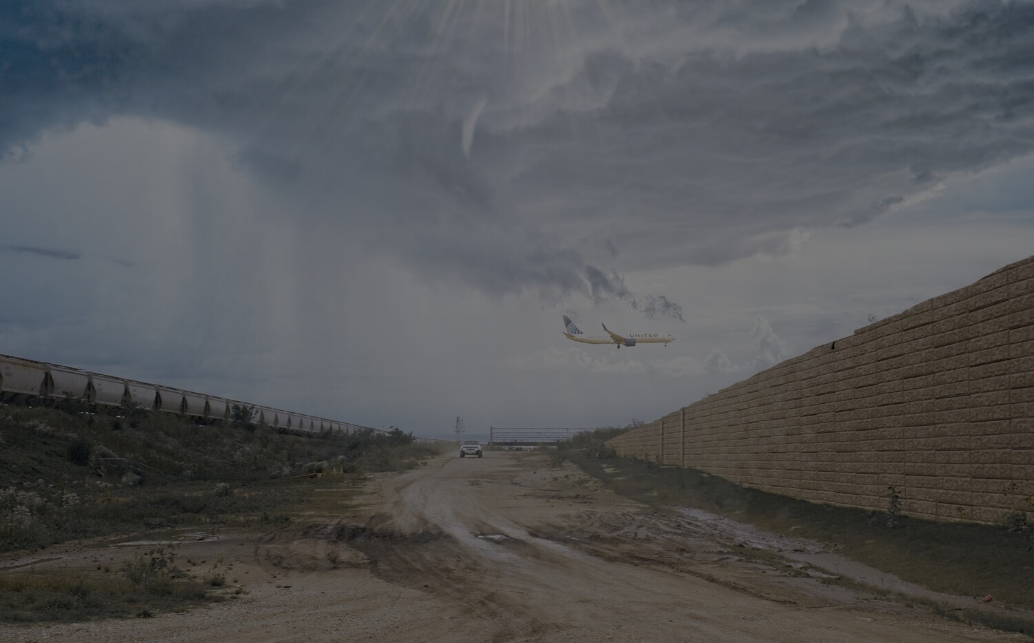 Dirt road between concrete barrier walls under dramatic storm clouds