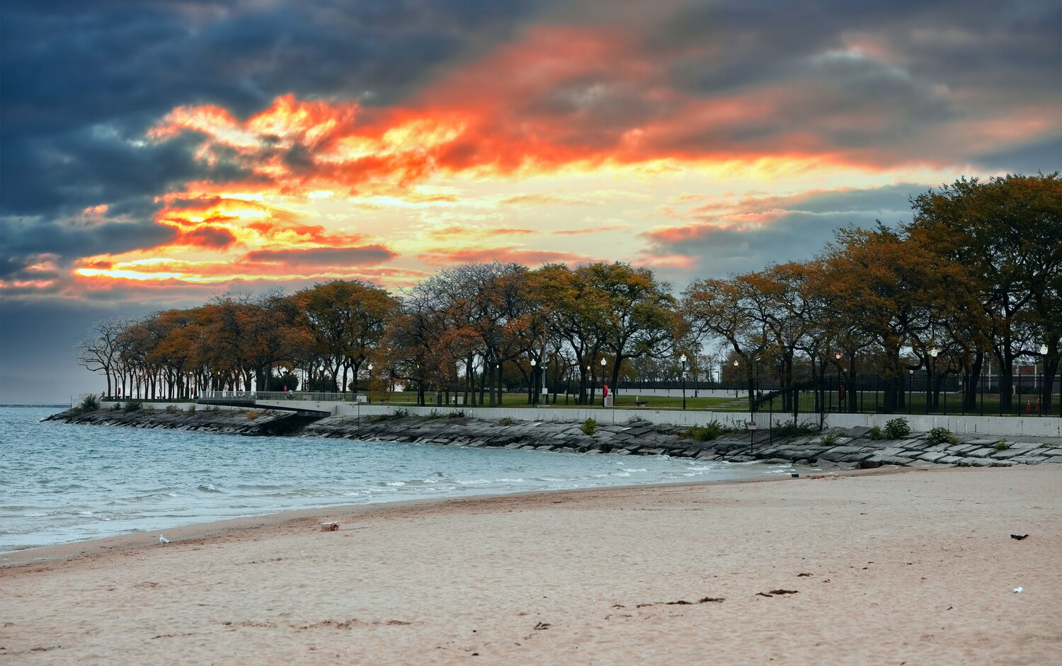 Sunset over a lakeshore with orange and red clouds above a sandy beach, calm water on the left, and a row of autumn trees lining a promenade.