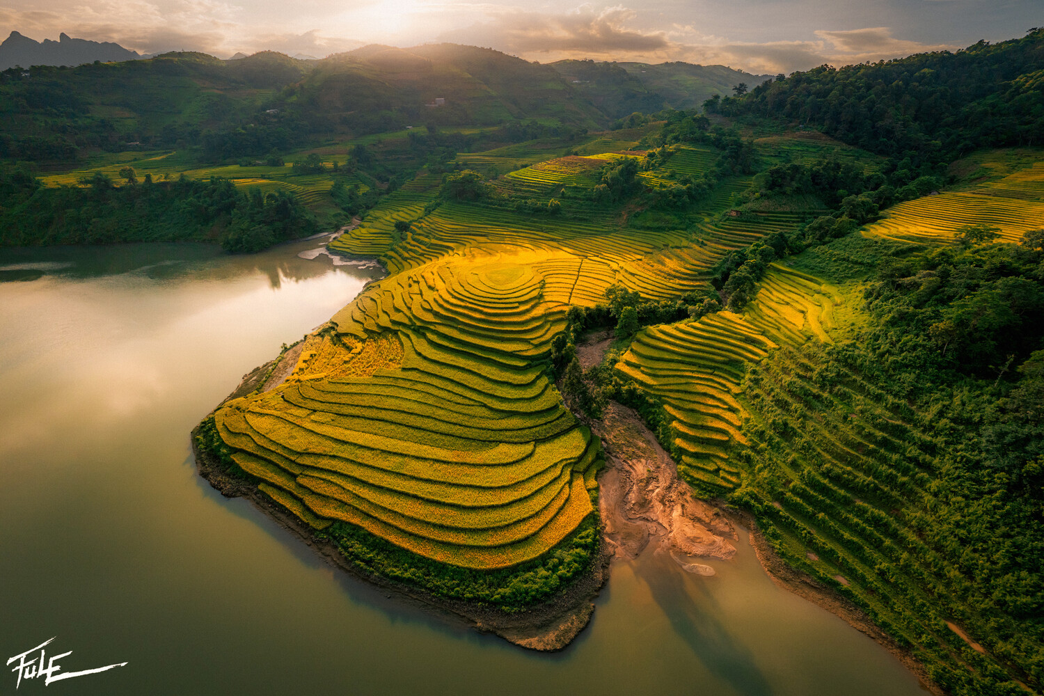 Aerial view of terraced rice paddies in golden light with a winding river and forested mountains
