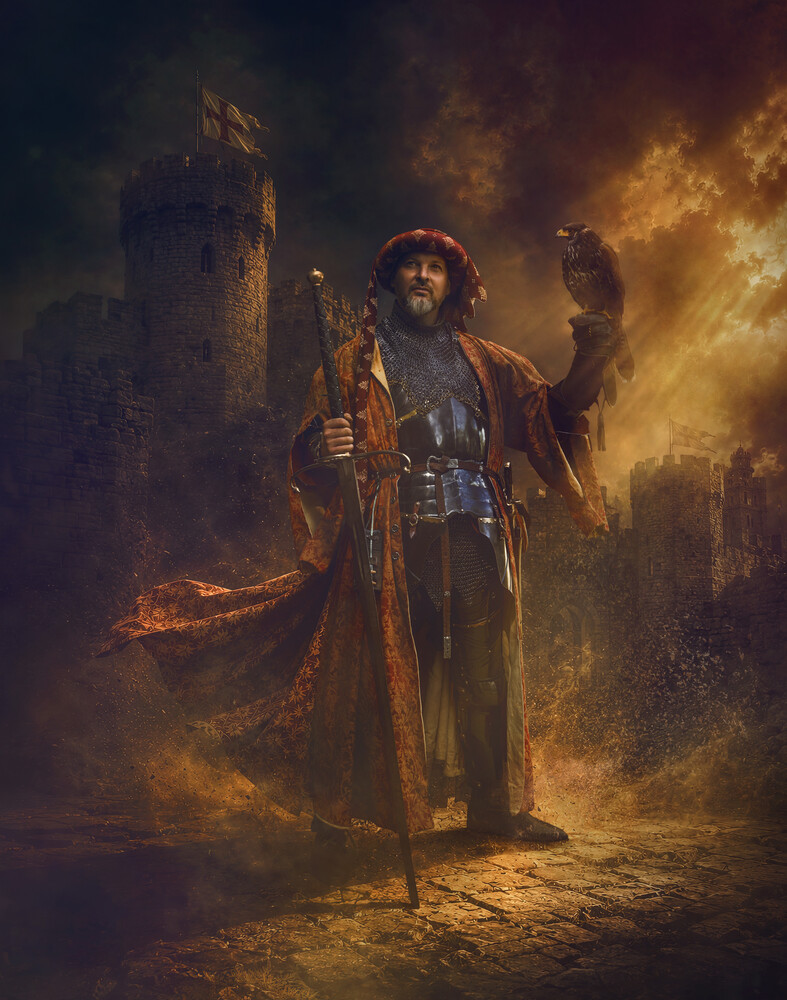 Illustration of a figure in ornate robes surrounded by golden light and atmospheric effects