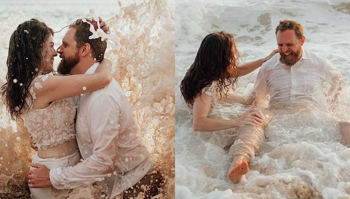 Newlywed Bride and Groom Soaked After Being Hit by Huge Wave During Honeymoon Shoot