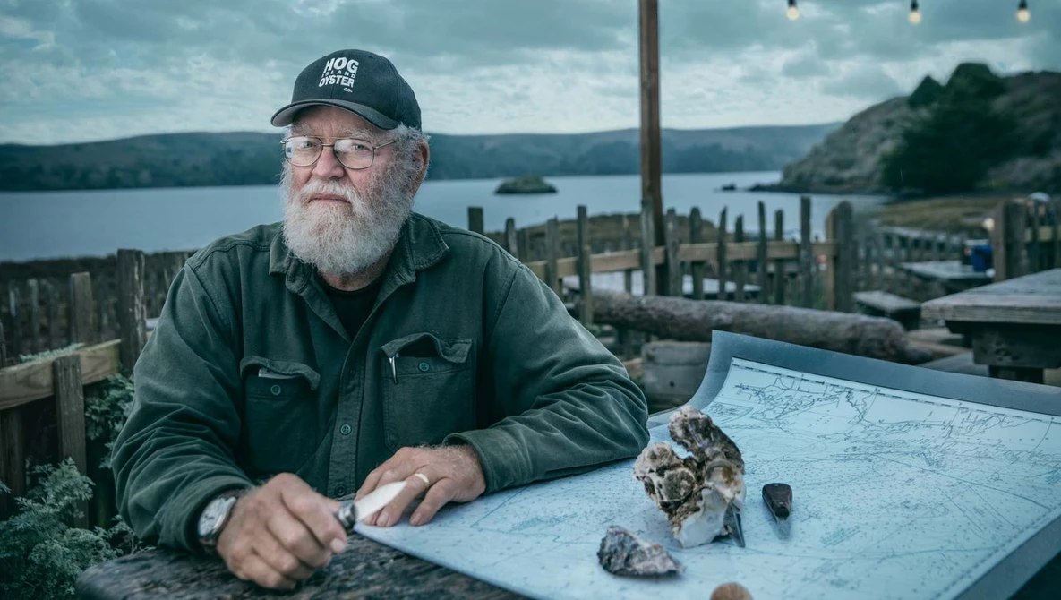 Bearded man in glasses and cap examining geological specimens on a map overlooking a waterfront.