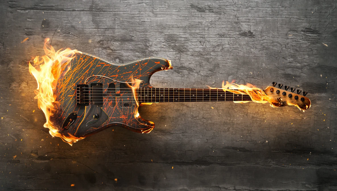 Electric guitar engulfed in flames against a dark textured background.