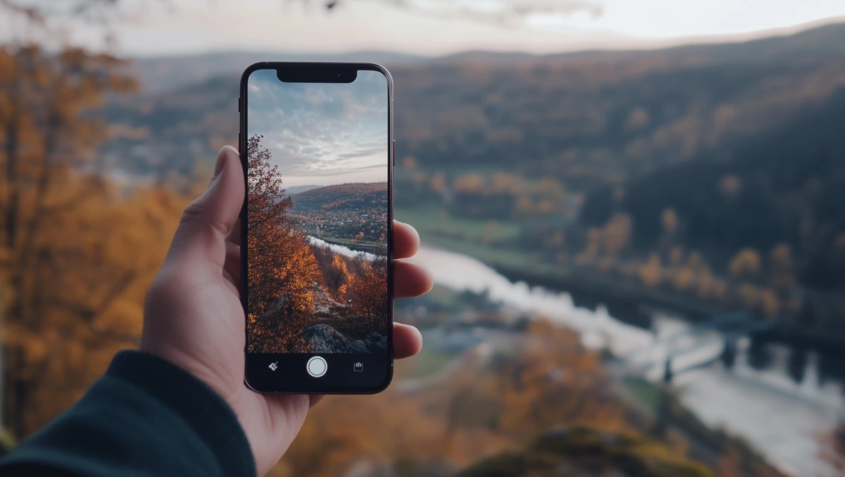 Hand holding smartphone capturing autumn valley landscape with river winding through forested hills.
