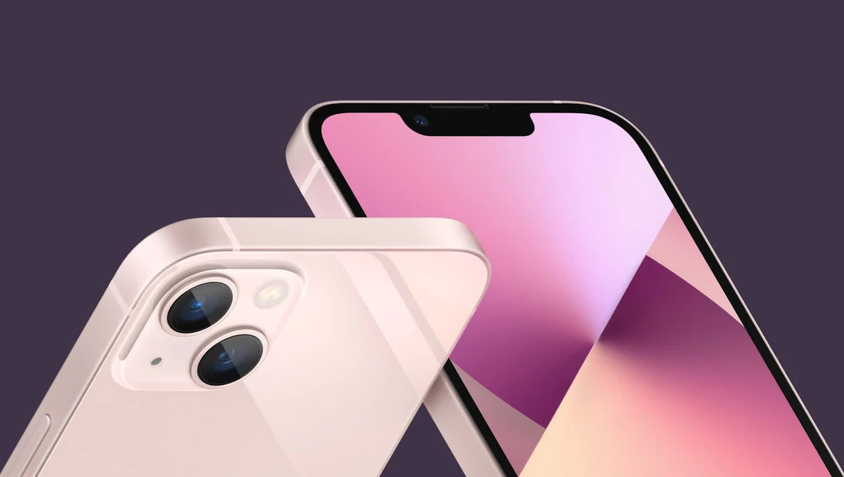 Two smartphones displayed against a purple background, one showing a white back with dual cameras and the other displaying a pink gradient screen.