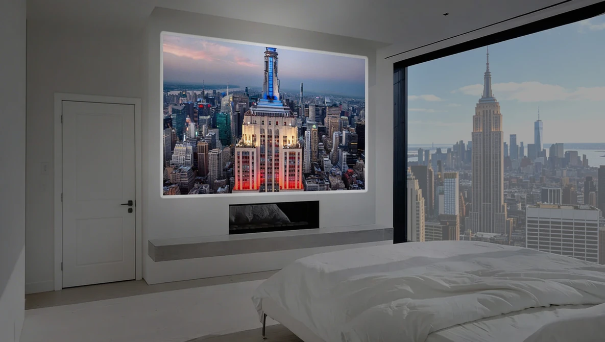 Modern bedroom with large window overlooking city skyline and illuminated art print of iconic skyscraper on white wall.