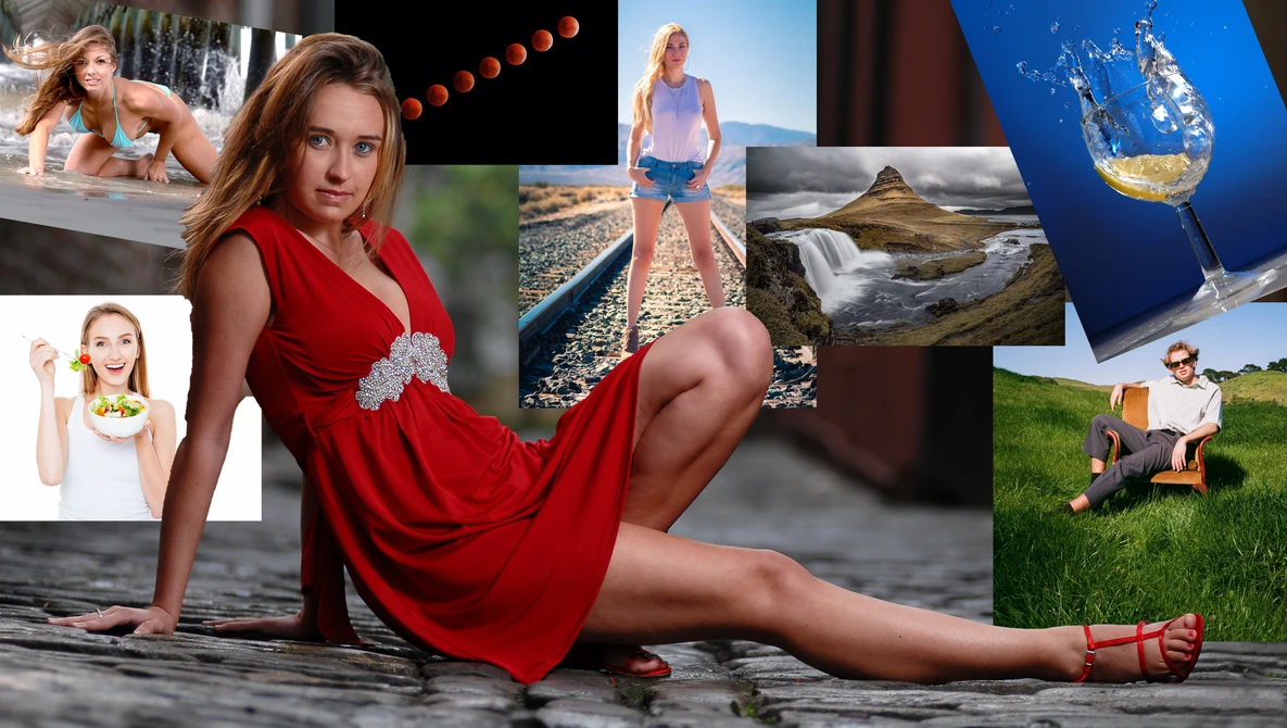 Woman in red dress posing on wooden deck with nature photography collage backdrop.