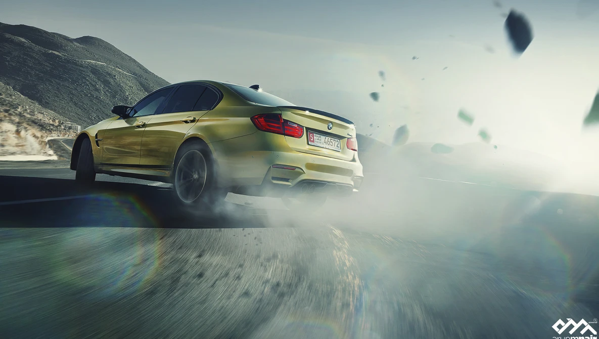 Gold sports car drifting on a mountain road with debris and dust flying around it.