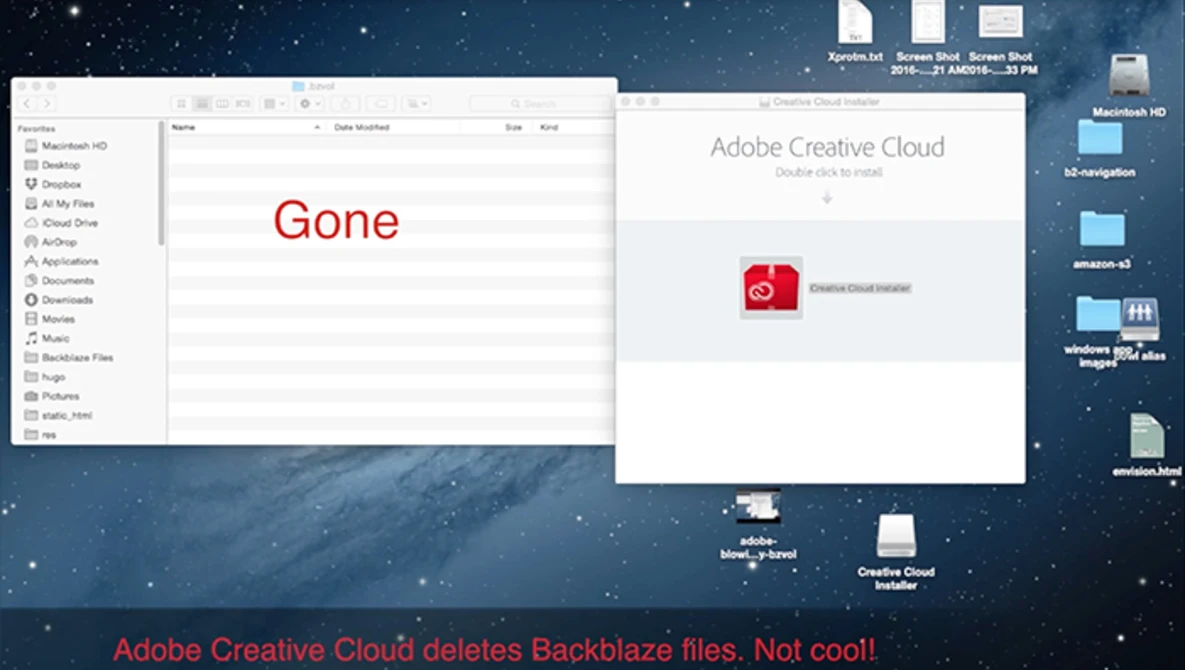 Watch Adobe Creative Cloud deleting Backblaze files on YouTube.