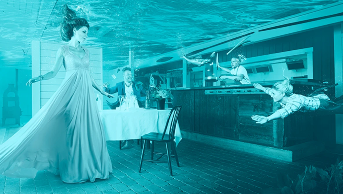 Watch Behind the Scenes - Underwater restaurant advertising image on YouTube.