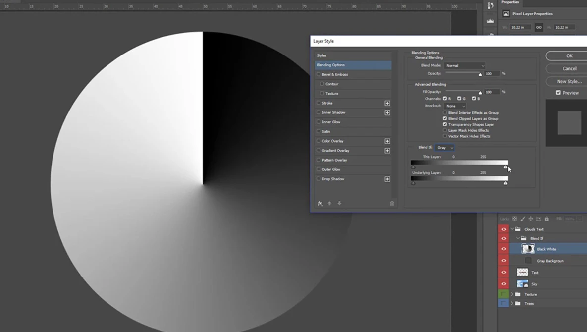 Watch How To Use “Blend If” In Photoshop Like a PRO: The Definitive 7-Minute Guide on YouTube.