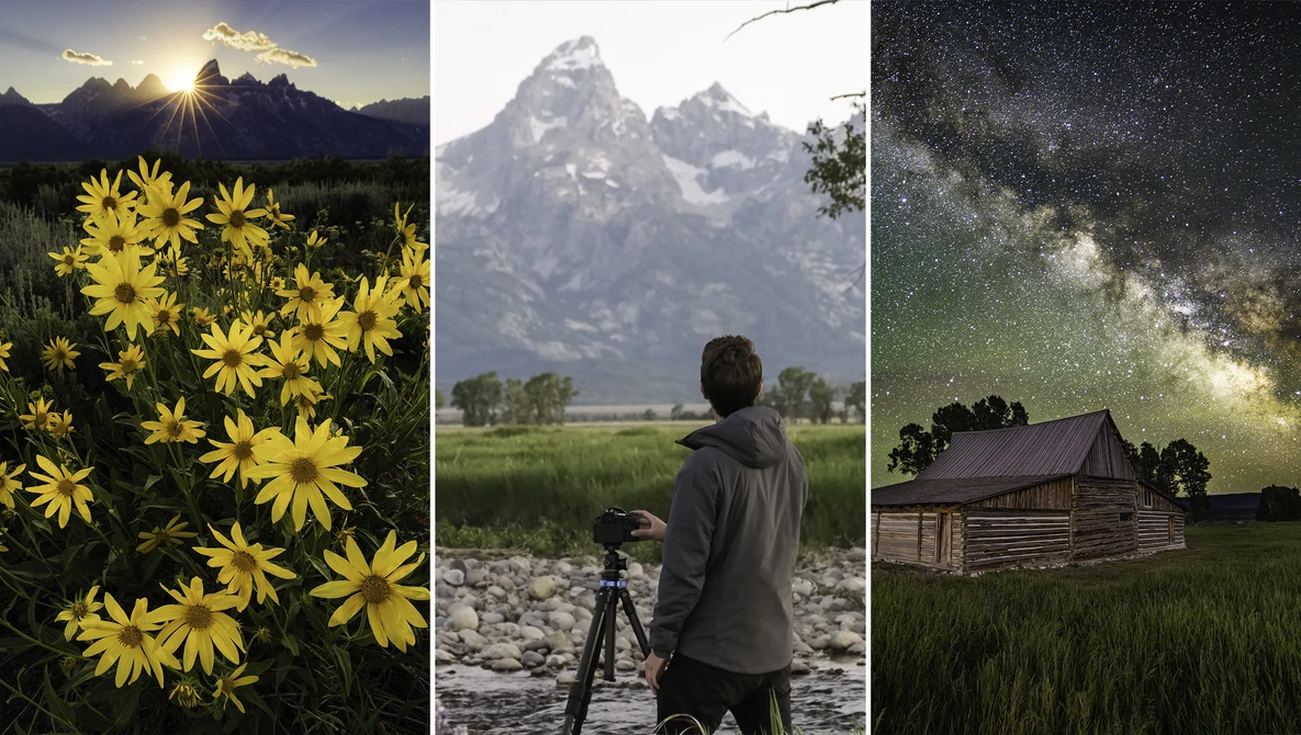 Triptych showing golden wildflowers at sunset, photographer with camera on riverbank, and wooden barn beneath starry sky.