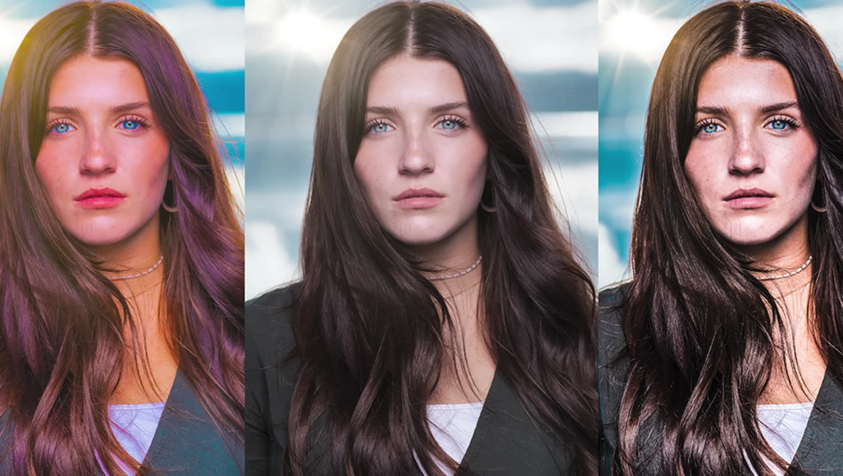 Three portrait variations of a woman with long dark hair against a cloudy sky background.