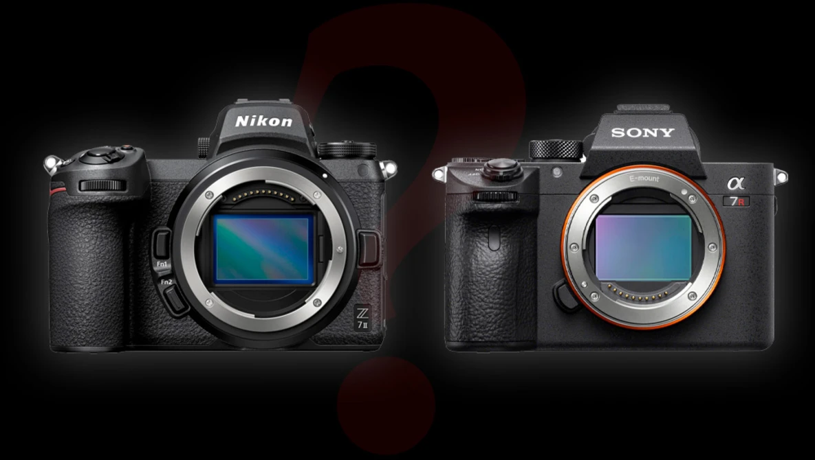 Nikon Z9 and Sony a7R V mirrorless cameras positioned side by side against a dark background with a question mark overlay.