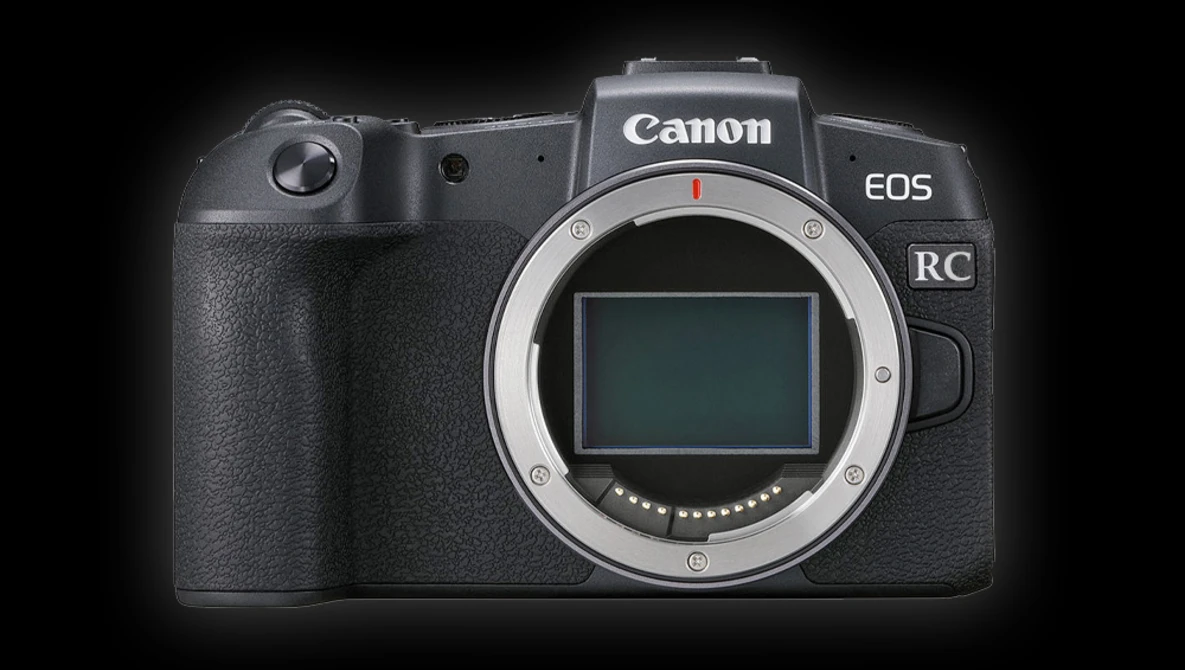 Canon EOS RC mirrorless camera body shown from front, displaying sensor and mount against black background.