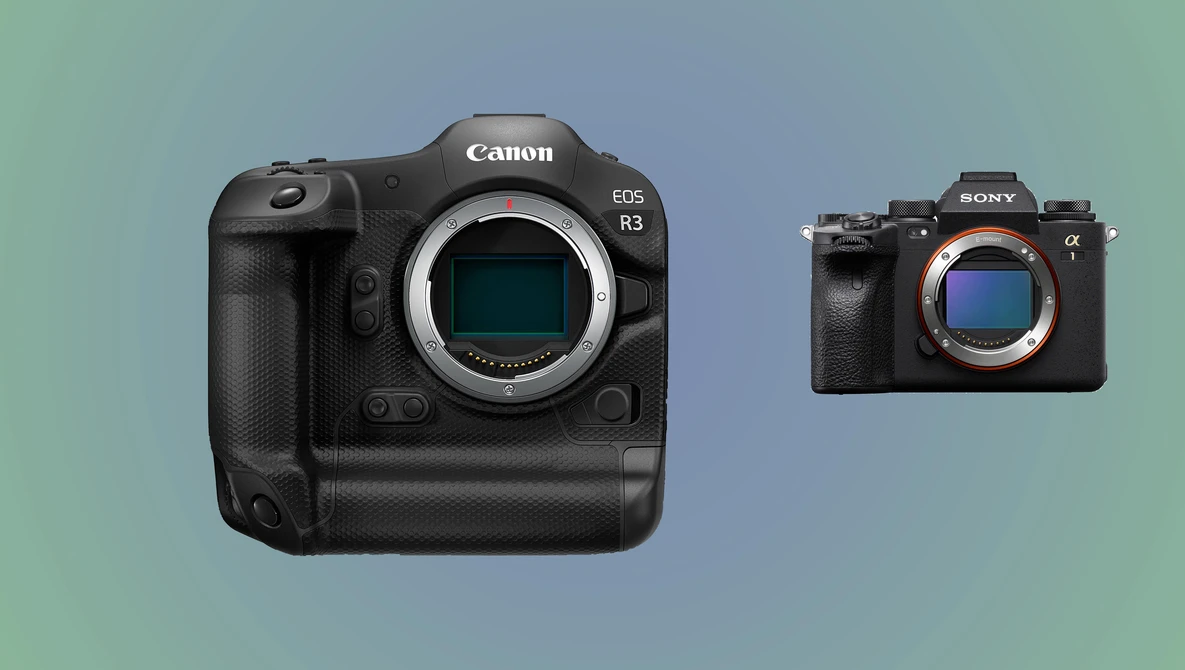 Canon EOS R3 and Sony Alpha mirrorless cameras displayed side-by-side against a gradient background.