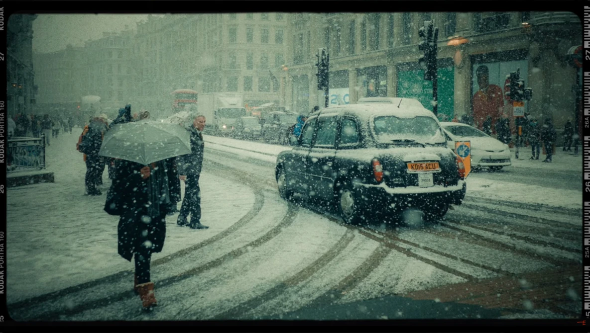 Pedestrians and vintage cars on a snowy urban street during heavy snowfall.