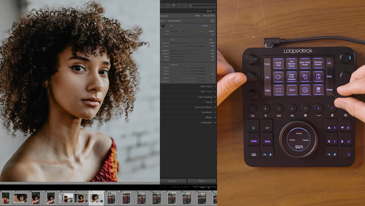 Portrait editing setup showing a woman with curly hair in Lightroom with a control panel device held in hand.