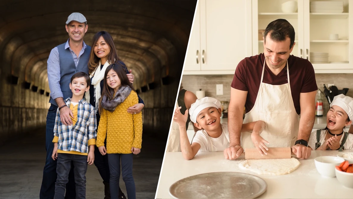 Split-screen comparison: family of four posing in a tunnel on the left; father and two children baking together in a kitchen on the right.