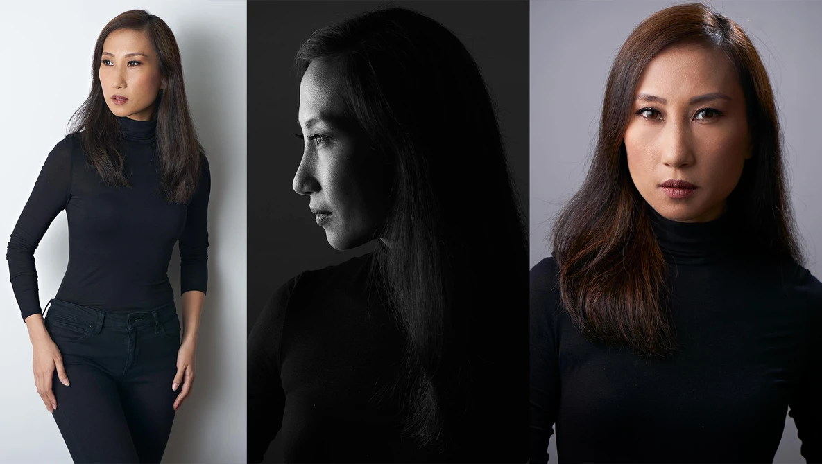 Three portrait photographs of a woman in black clothing against different backdrops.