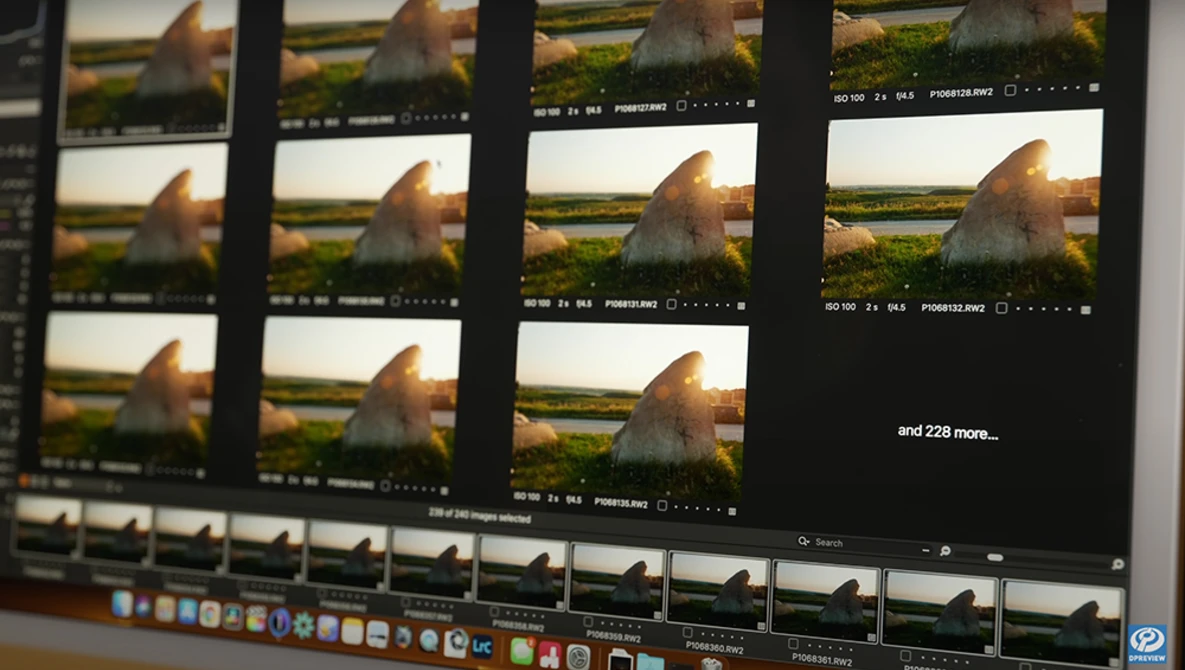 Screenshot of photo editing software displaying a contact sheet with multiple exposures of a golden-hour landscape scene.