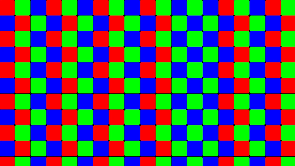 Graphic illustration of a repeating checkerboard pattern with red, green, and blue squares arranged in rows.