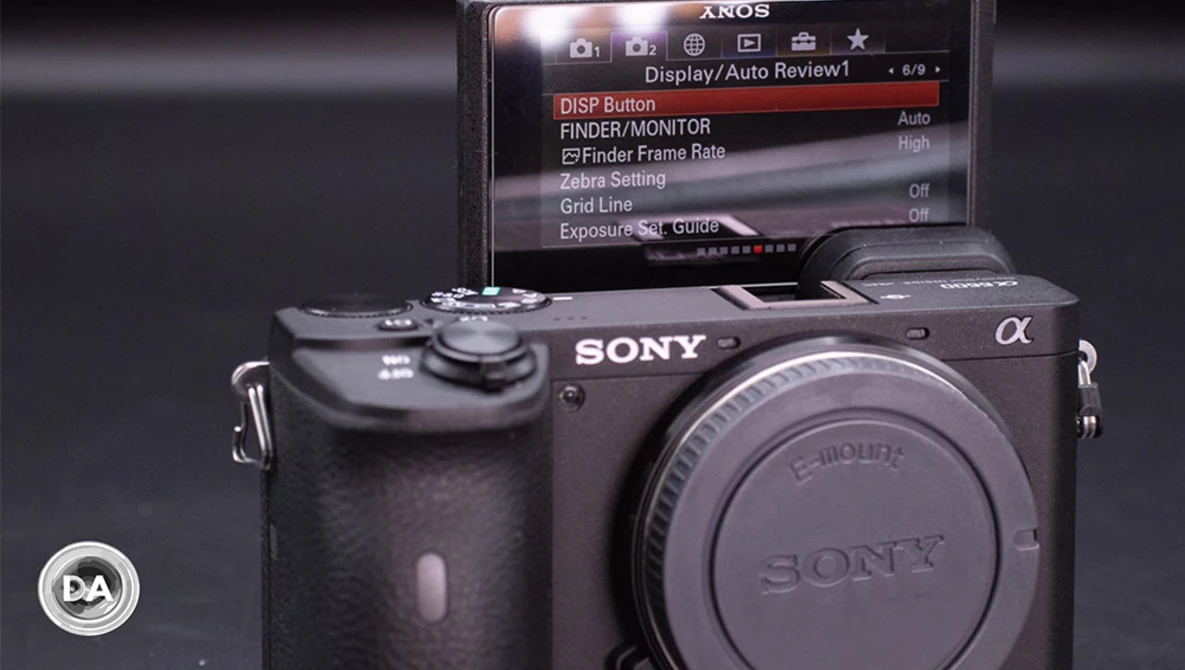 Sony Alpha mirrorless camera body displayed next to its LCD screen menu showing display and exposure settings.