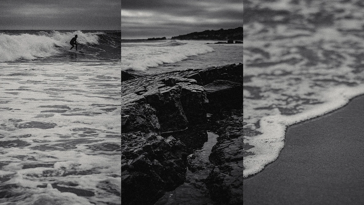 Black and white triptych of coastal scenes including a surfer in waves, rocky shoreline, and foaming surf meeting sand.