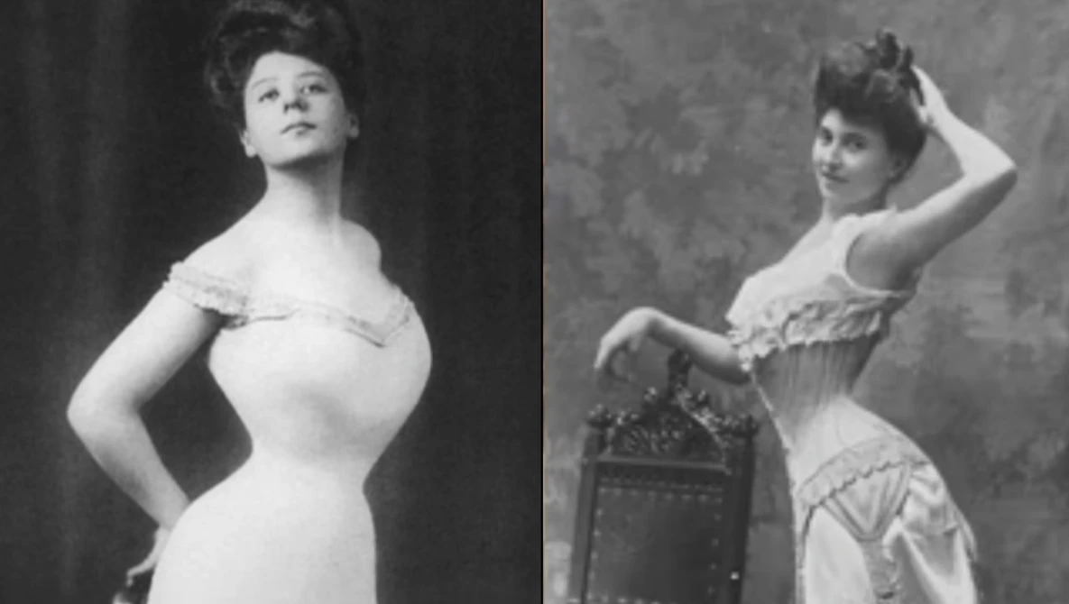Two side-by-side black and white portrait photographs from the early 1900s showing women in corsetted silhouettes with Gibson Girl styling.