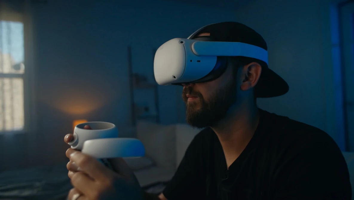 Man wearing a white and blue VR headset holds matching controllers in a dimly lit blue room.