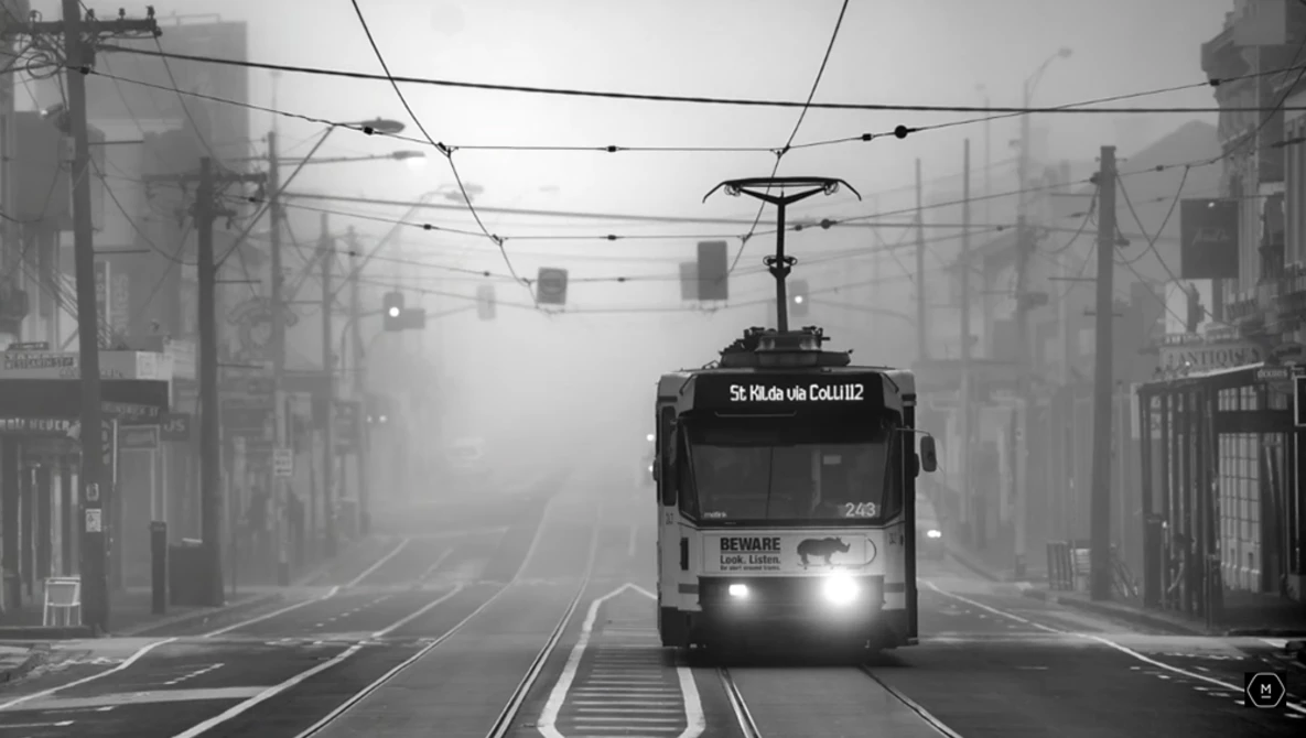 Tram approaching through fog-shrouded urban street with overhead power lines and buildings fading into mist.