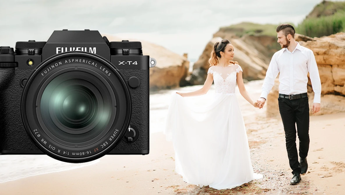 Fujifilm X-T4 camera with XF 16-80mm lens displayed above a beach wedding scene.