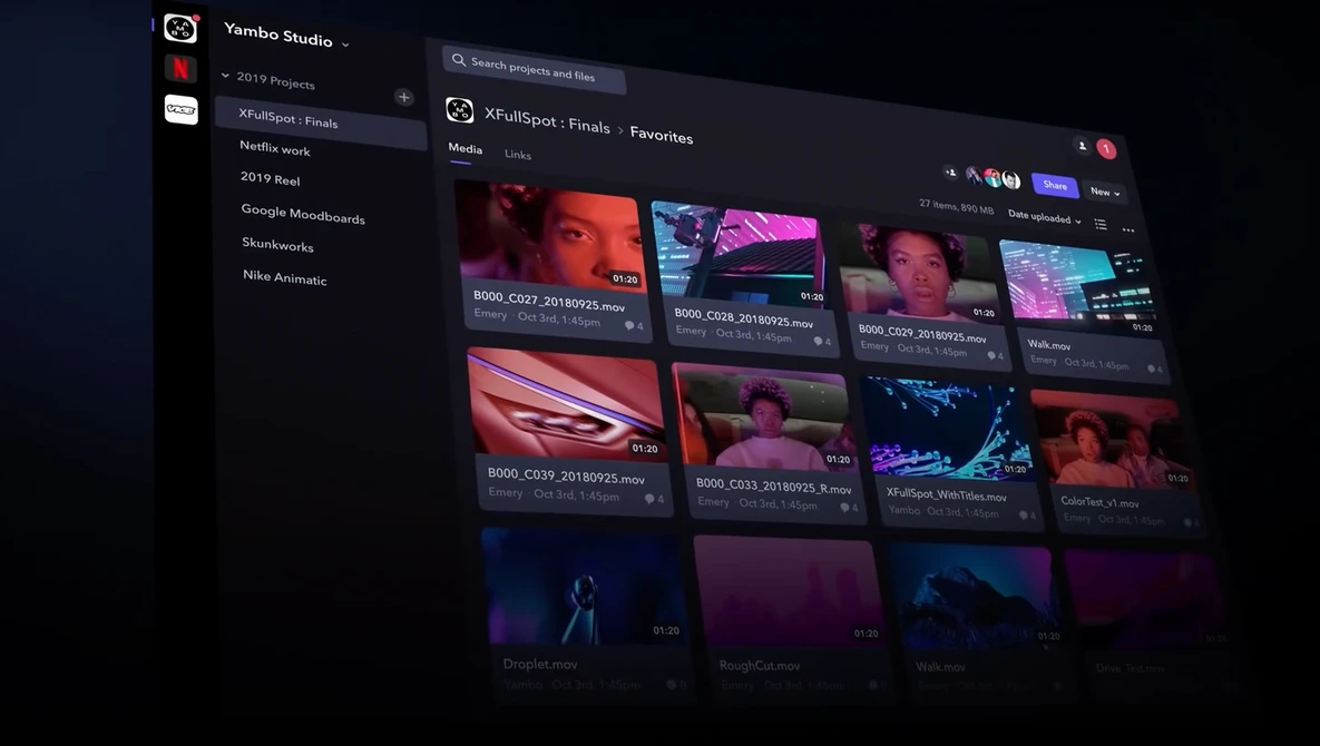 Screenshot of Vimeo Studio interface displaying a grid of video thumbnails with colorful neon and gradient lighting.