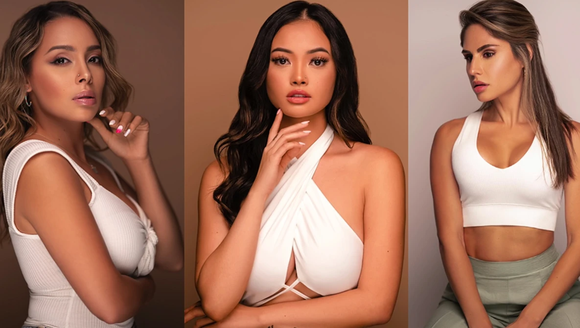 Three portrait photographs of women in white tops against solid-colored backdrops.
