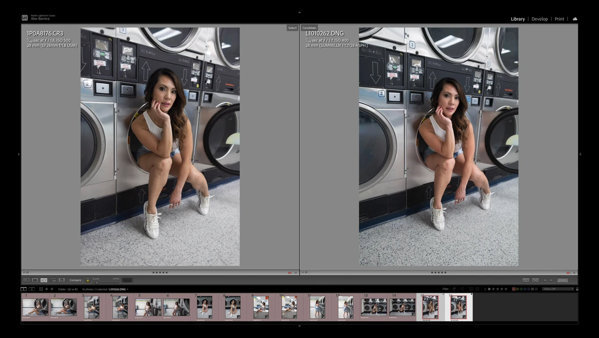 Screenshot of Lightroom's side-by-side comparison view showing before and after versions of a portrait.