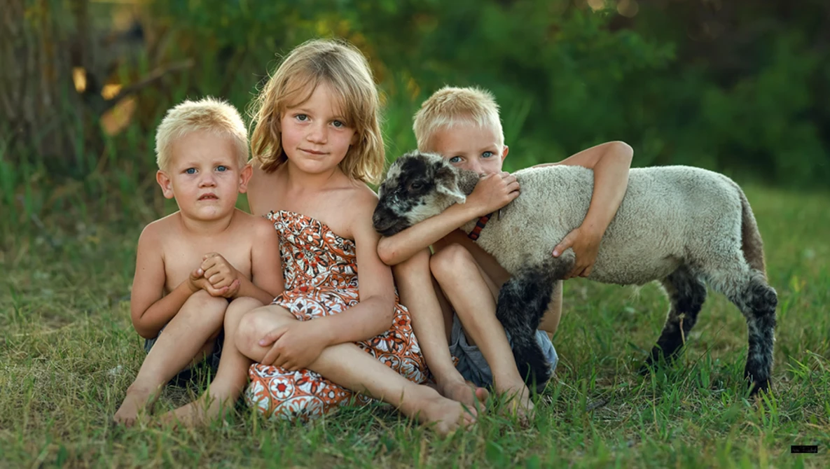Three young children sitting on grass with a lamb, smiling at the camera.