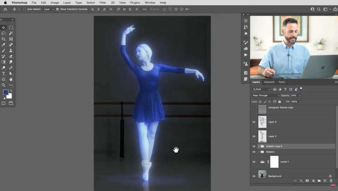 Screenshot of Photoshop with digital art of a glowing figure in blue light against a dark interior.