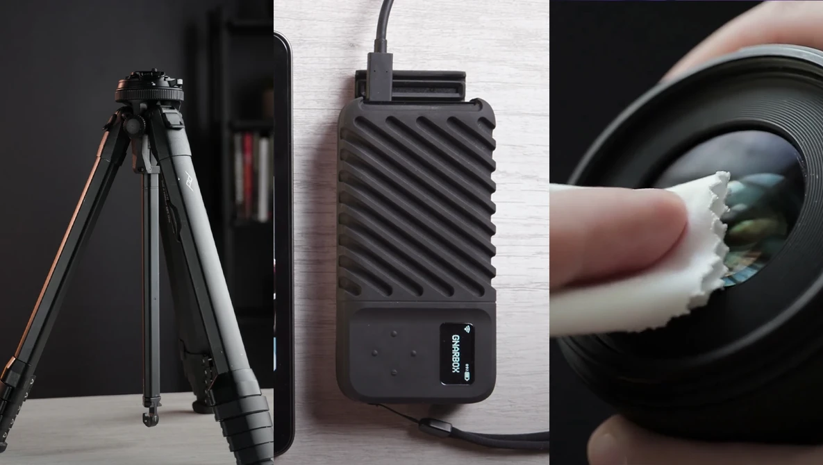 Photography equipment including a tripod, portable power bank, and lens with cleaning cloth.