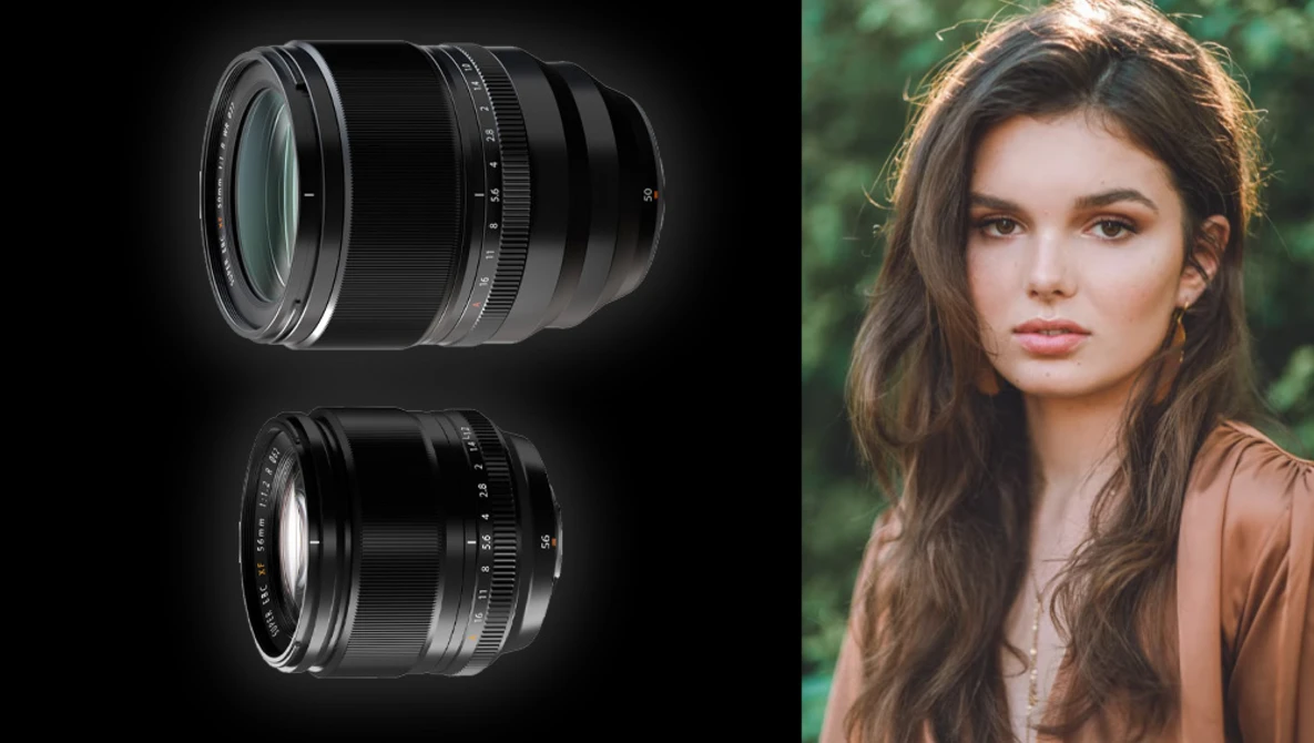 Two vintage camera lenses displayed against a dark background alongside a portrait of a young woman with long brown hair.