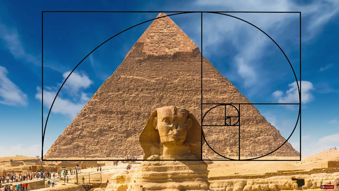 Golden pyramid with sphinx statue overlaid with Fibonacci spiral grid composition.