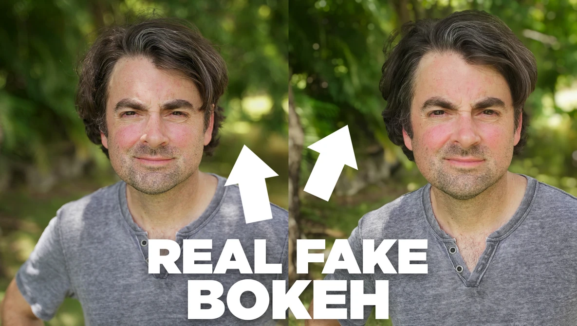 Side-by-side comparison of the same man's portrait showing real versus fake bokeh effect.
