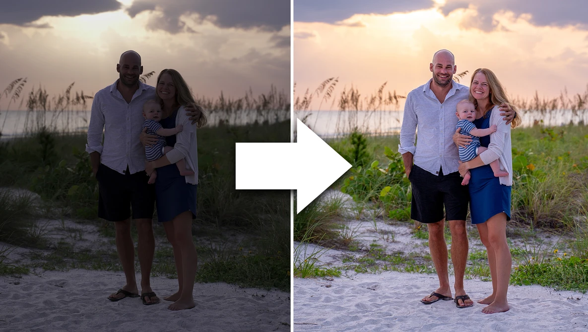Before and after comparison of a couple's beach portrait with enhanced lighting and color correction.