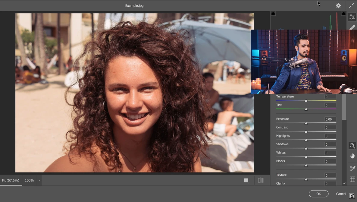 Screenshot of photo editing software showing portrait adjustment panel with exposure and contrast sliders.
