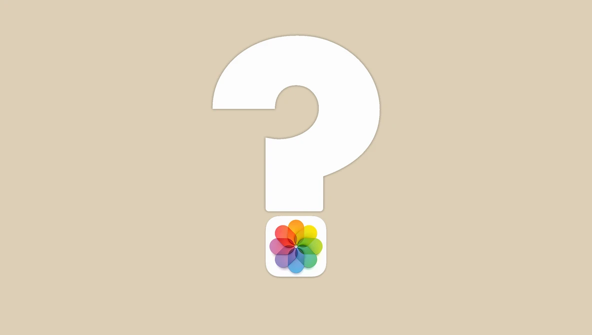 Illustration of a large question mark above the Photos app icon on a beige background.