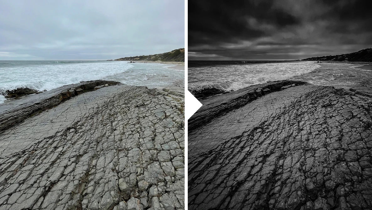 Coastal rock formations with textured surface patterns, shown in color and black-and-white comparison.