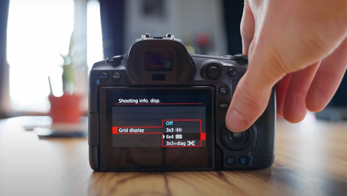 Photographer's hand adjusting grid display settings on a camera's rear LCD screen.