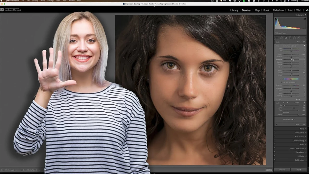 Screenshot of photo editing software showing before and after portraits of a woman.