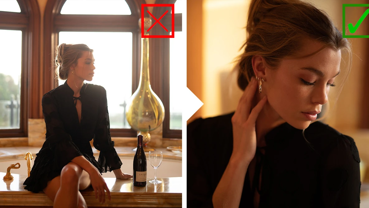 Woman in black blazer sitting by window with wine bottle and glass, shown in two compositional angles.