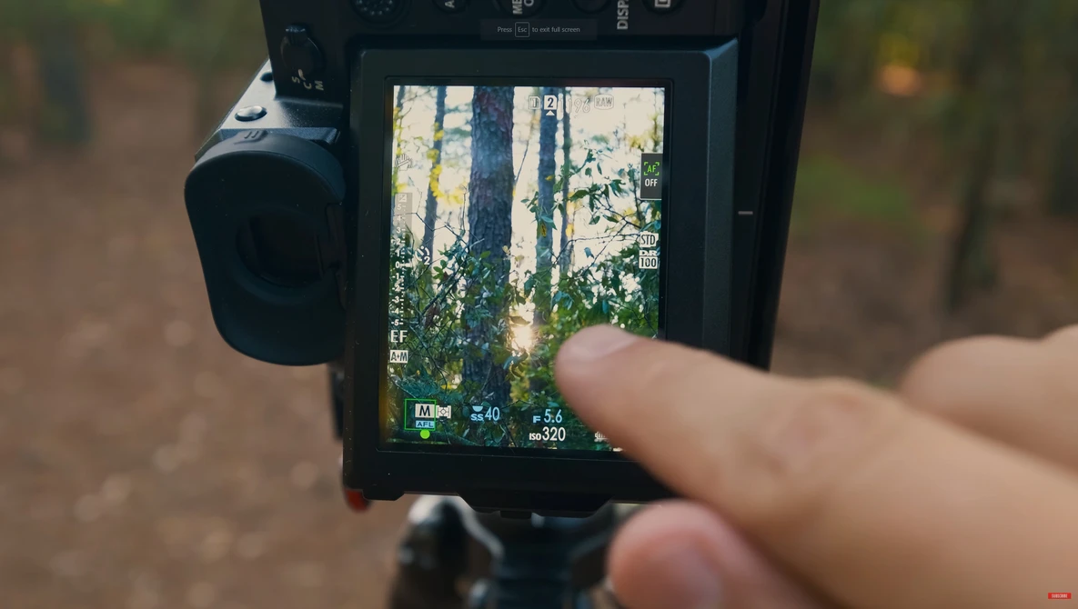 Filmmaker's hand holding a mirrorless camera displaying a forest path on the LCD screen during handheld shooting.